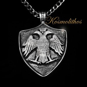 Sterling Silver Eagle Shield Necklace, Gift For Men Double Head Eagle, Coat Of Arms Byzantine Eagle, Family Crest Eagle Shield Pendant