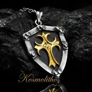 Sterling Silver Shield Cross Necklace, Gothic Cross Pendant Gift For Men, Religious Jewelry Cross Charm, Gothic Jewelry, Templar Gold Cross