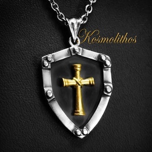 Silver Shield Gold Cross Necklace, Medieval Cross Pendant Gift For Men, Religious Jewelry Cross Charm, Knights Templar Gold Cross Medallion