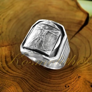 Vitruvian Man Sterling Silver Ring, Da Vinci Inspired Signet, Mens Accessories