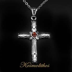 Silver Cross Necklace For Men, Big Garnet Cross Pendant Birthday Gift For Him, Jesus Protection Cross Charm, Holy Cross Charm Baptism Gift