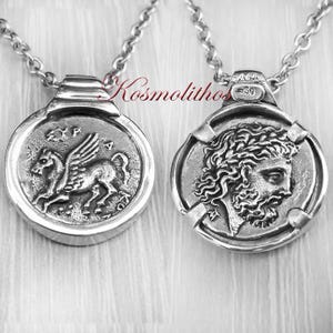 Zilveren muntketting, zilver herenhanger, herenketting, Griekse munt, oude munt, Pegasus-hanger, Zeus zilveren ketting, Pegasus-ketting