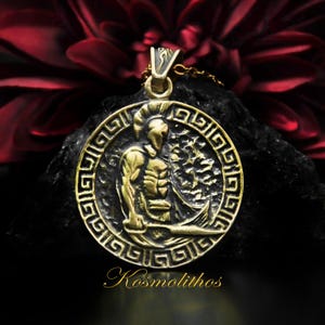 Spartan Warrior Bronze Necklace, Leonidas Pendant Gift For Men, Greek Warrior Medallion, Greek Key Spartan Fighter Charm, Sword War Fighting
