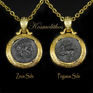 Pegasus Coin Necklace, Oxidized Sterling Silver Zeus Pendant, Winged Horse Ancient Coin Charm