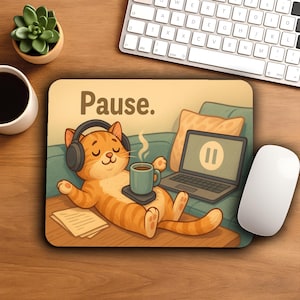 May include: A rectangular mouse mat with a cartoon orange tabby cat relaxing on a sofa, wearing headphones, and holding a coffee mug. The mat has the word "Pause." and a laptop with a pause symbol.