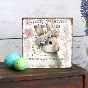 White Bunny Carte Postale Versailles ~ Wood Block Shelf Sitter ~ BL1028   French Rabbit Shabby Chic Easter Rabbit  Spring Summer Gift