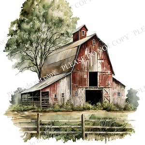 May include: Watercolor painting of a rustic red barn with a weathered appearance. A large green tree stands beside the barn, and a wooden fence is in the foreground. The artwork has a rural, country theme.