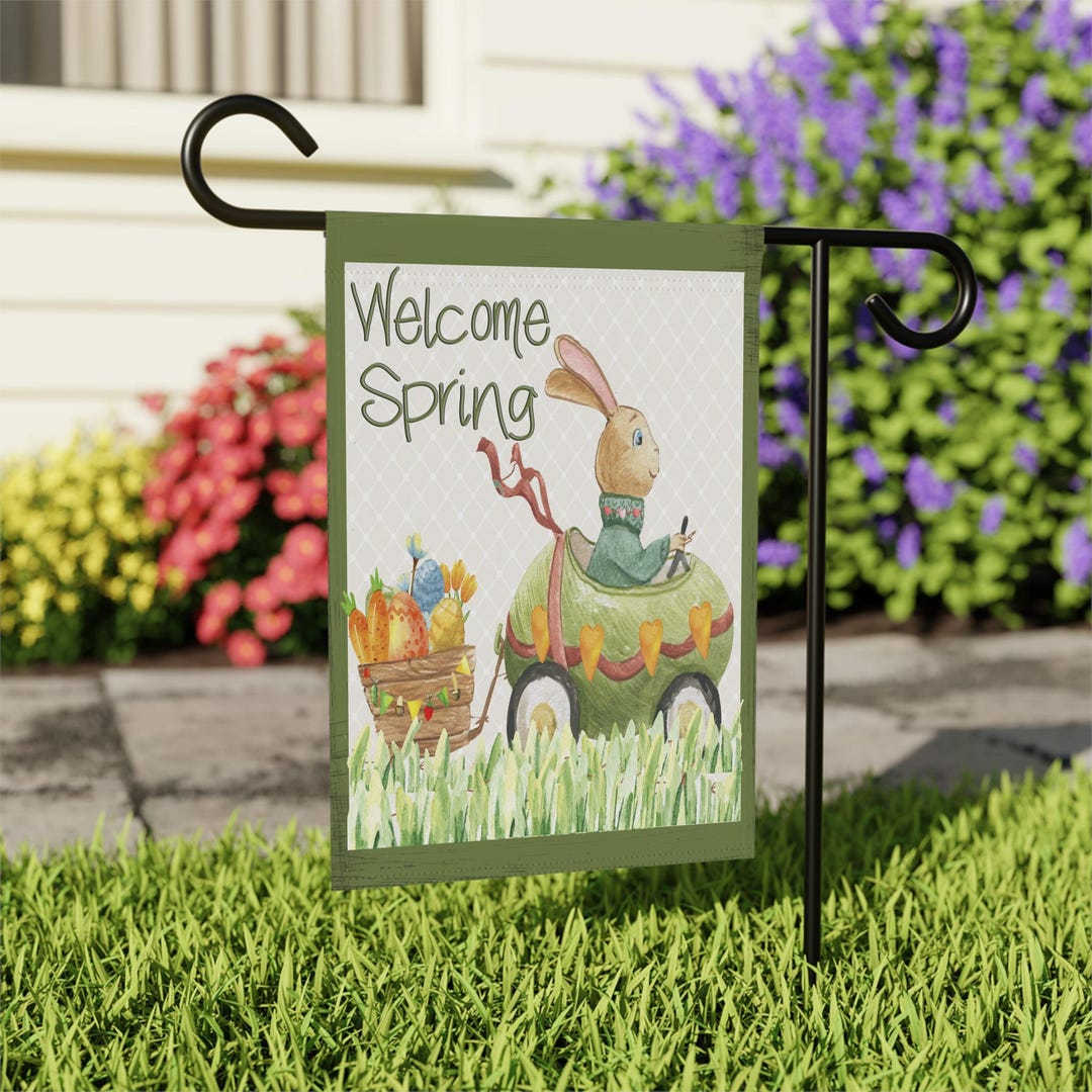 Welcome Spring Rabbit Driving an Egg Car Flag Double Sided Quality ...