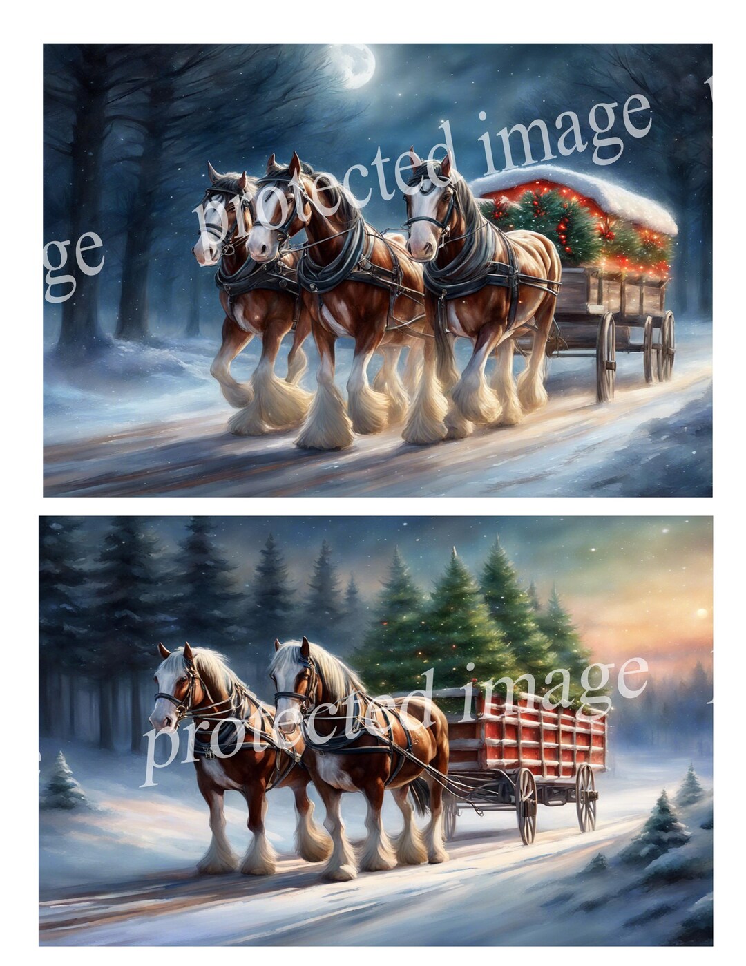 Horse Drawn Wagons Christmas Trees ~ Digital Download Art Four Images ...
