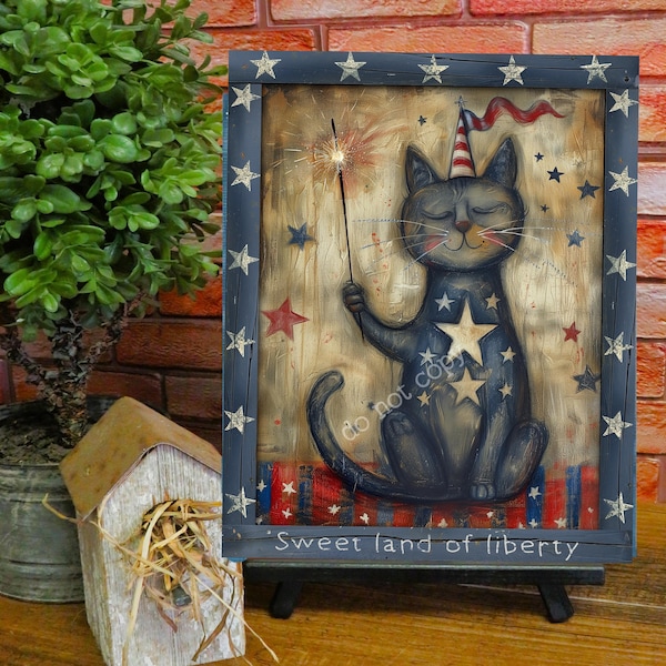 Cute Black Cat With Sparkler ~ Patriotic ~ Sweet Land Of Liberty   ~   Metal Sign ~   8x12
