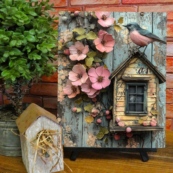 Distressed Birdhouse Aluminum Sign, Vintage Style Wall Decor (12x8 in)