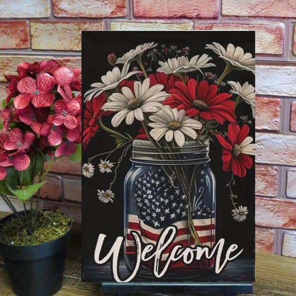Patriotic Floral Metal Sign, Rustic July 4th Decor, 8x12