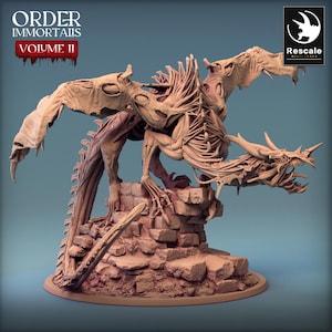 May include: A detailed skeletal dragon miniature, painted in a light brown color, standing on a stone base. The dragon has a long tail, two heads, and wings. The miniature is part of the Order Immortals Volume II collection.