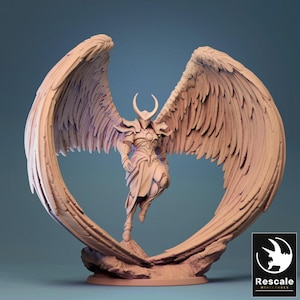 May include: A light peach-colored miniature figurine of a winged warrior in armor with a crescent-shaped helmet, standing on a rocky base with large, expansive feathered wings curving upward. The Rescale Miniatures logo is in the corner.