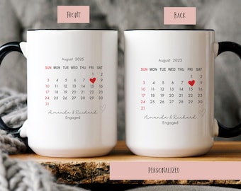 Personalized Engagement Date Mug Custom Calendar Coffee Cup With Names Engaged Couple Gift, Wedding Keepsake Proposal Present holiday mug