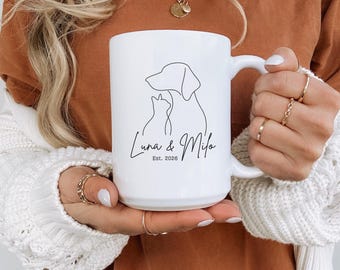 Custom Dog Cat Names Mug, Personalized Pet Names Mug, Cat Dog Line Art Mug, Custom Est. Year Mug, Fur Family Mug, Multi Pet Name Coffee Mug