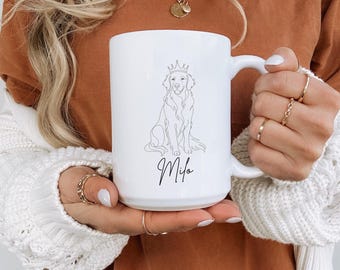 Custom Name Golden Retriever Mug, Dog Crown Line Art Mug, Personalized Dog Name Mug, Golden Retriever Gift, Minimalist Dog Lover Coffee Mug