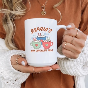 Personalized Hot Chocolate Mug, Custom Name Winter Cocoa Cup with Marshmallows, Cute Holiday Mug Gift for Kids, Family or Friends