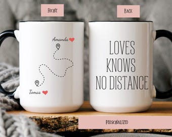 Long Distance Relationship Mug Personalized, Valentine’s Day Gift for Couples, Love Knows No Distance Coffee Mug, State to State Custom Mug