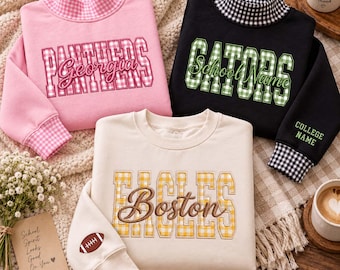 Embroidered Custom College Team School Spirit Applique Gingham Sweatshirt, Personalized School Team Mascot Crewneck, Embroidery, bM22EiLd