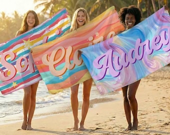 Personalized Fantasy Rainbow Style Beach Towel, Girls Trip Gift, Party Favor, Summner Vacation Kid Beach Towel, Beach Bridal Party, bG23GdVb