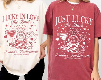 Lucky In Love Las Vegas Bachelorette Shirt, Custom location bach, bridesmaid proposal, Las vegas party