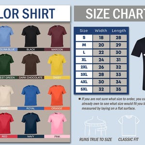 K&ouml;nnte beinhalten: Eine Farbkarte zeigt verschiedene T-Shirt-Farben, darunter Hellrosa, Carolina-Blau und Schwarz. Eine Gr&ouml;&szlig;entabelle in Zoll zeigt die Ma&szlig;e f&uuml;r Breite und L&auml;nge, von Gr&ouml;&szlig;e S bis 5XL. Der Text "COLOR SHIRT" steht oben.
