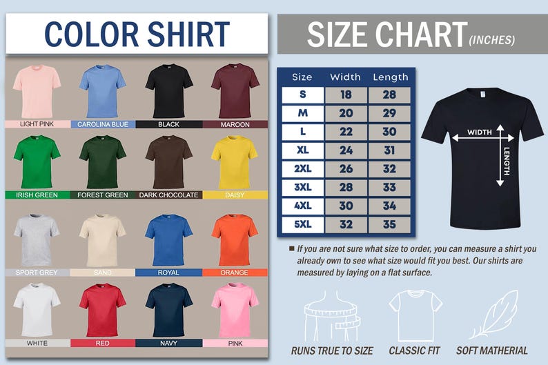 K&ouml;nnte beinhalten: Eine Farbkarte zeigt verschiedene T-Shirt-Farben, darunter Hellrosa, Carolina-Blau und Schwarz. Eine Gr&ouml;&szlig;entabelle in Zoll zeigt die Ma&szlig;e f&uuml;r Breite und L&auml;nge, von Gr&ouml;&szlig;e S bis 5XL. Der Text "COLOR SHIRT" steht oben.