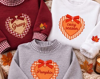 Custom Cozy Fall Minimalist Heart Shape Embroidered Gingham Sweatshirt, Thanksgiving Autumn Embroidered Shirt Gift Apparel, b7243i7b