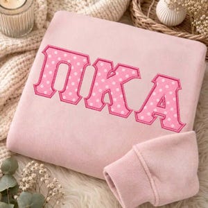 Puede incluir: Una sudadera rosa claro con grandes letras griegas bordadas en una tela rosa más oscura con un patrón de lunares blancos. Las letras están delineadas con hilo rosa a juego y la prenda tiene un puño acanalado en la manga visible.