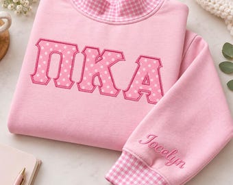 Embroidered Custom Greek Letter Gingham Sweatshirt, Sorority Letters Polka Dot Crewneck, Gingham Greek Shirt, College Apparel, bM11Li7b