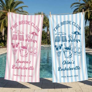 Personalized Champagne Striped Beach Towel, Girls Trip Gift, Party Favor, The Bride Club Beach Towel, Beach Bridal Party Towel, bX23Hd2a