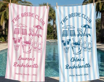 Personalized Champagne Striped Beach Towel, Girls Trip Gift, Party Favor, The Bride Club Beach Towel, Beach Bridal Party Towel, bX23Hd2a