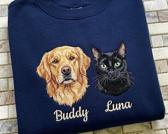 Embroidered Cat Portrait Sweatshirt, Personalized Cat Face and Name Sweater, Custom Pet Sweatshirt, Cat Lover Gift for Her, e801WhSa
