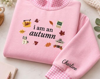 Custom Cozy Fall Movie Minimalist Embroidered Gingham Sweatshirt, Thanksgiving Embroidered Fall Lover Shirt Gift, I Am An Autumn, bP24Vi4b
