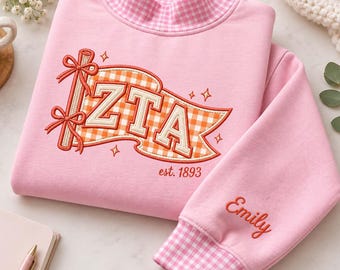 Embroidered Custom Greek Letter Gingham Pennant Sweatshirt, Sorority Letters Crewneck,Gingham Applique Greek Shirt, College Apparel, b210KiC