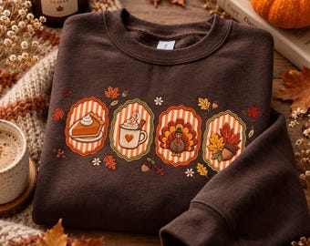 Custom Cozy Fall Minimalist Icons Embroidered Gingham Sweatshirt, Halloween Thanksgiving Autumn Embroidered Shirt Gift, Spooky, b224JiPd