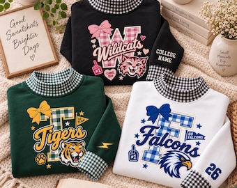 Embroidered Custom College Team School Spirit Applique Gingham Sweatshirt, Personalized School Team Mascot Crewneck, Embroidery, bY22OiXc
