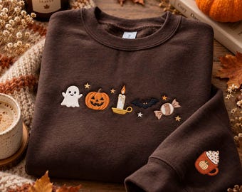 Custom Cozy Fall Minimalist Icons Embroidered Gingham Sweatshirt, Halloween Thanksgiving Autumn Embroidered Shirt Gift, Spooky, bM23KiPd