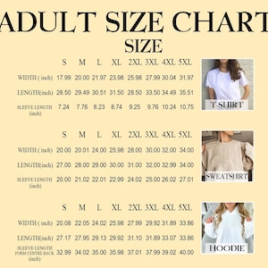 K&ouml;nnte beinhalten: Gr&ouml;&szlig;entabelle f&uuml;r Erwachsene mit Ma&szlig;en in Zoll f&uuml;r T-Shirts, Sweatshirts und Hoodies. Enth&auml;lt Breite, L&auml;nge und &Auml;rmell&auml;nge f&uuml;r die Gr&ouml;&szlig;en S bis 5XL. Die Tabelle zeigt auch Bilder der Kleidungsst&uuml;cke.