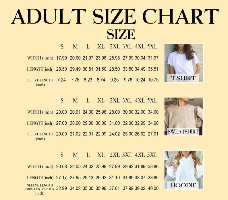 K&ouml;nnte beinhalten: Gr&ouml;&szlig;entabelle f&uuml;r Erwachsene mit Ma&szlig;en in Zoll f&uuml;r T-Shirts, Sweatshirts und Hoodies. Enth&auml;lt Breite, L&auml;nge und &Auml;rmell&auml;nge f&uuml;r die Gr&ouml;&szlig;en S bis 5XL. Die Tabelle zeigt auch Bilder der Kleidungsst&uuml;cke.