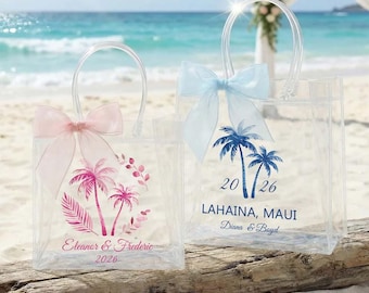 Personalized Bachelorette Palm Trees Transparent Gift Bags with Name Year and Bow Ribbon, Clear PVC Bag, Bridal Shower Party Favor, bX247dHb