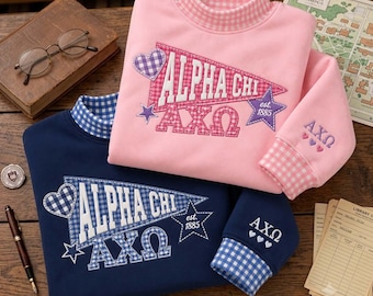 Embroidered Custom Greek Letter Gingham Pennant Sweatshirt, Sorority Letters Crewneck, Gingham Greek Shirt, College Apparel, bP08BiOa