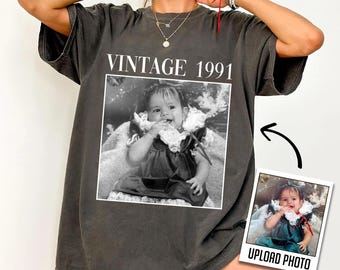 Chemise d'anniversaire personnalisée, photo personnalisée et chemise couleurs confort pour anniversaire d'anniversaire, t-shirt photo vintage