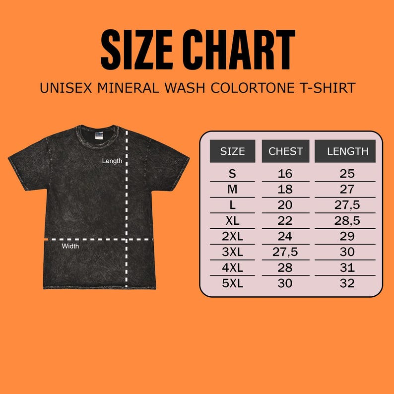 May include: A size chart for a unisex mineral wash colortone t-shirt. The chart shows chest and length measurements in inches for sizes S through 5XL. The t-shirt is black and has a crew neck.
