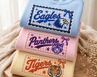 Embroidered Custom College Team School Spirit Applique Gingham Sweatshirt, Personalized School Team Mascot Crewneck, Embroidery, b9224iTb