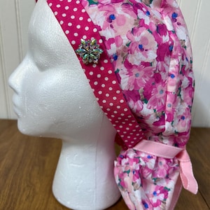 Pink Floral Ponytail Surgical/Scrub cap.
