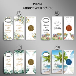 May include: Ten different designs for wine bottle stoppers. Each design features a different floral or nature-themed illustration and the text "Amelia's Birthday". The designs include flowers, succulents, palm trees, and a beach scene. Each design also includes a space for a wax seal.