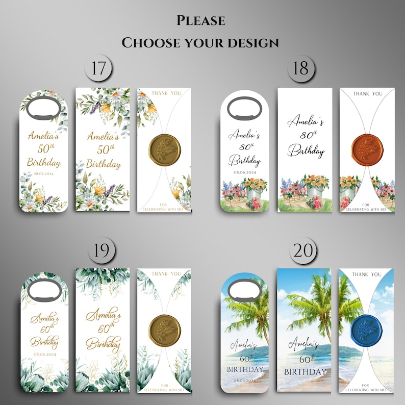 May include: Ten different designs for wine bottle stoppers. Each design features a different floral or nature-themed illustration and the text "Amelia's Birthday". The designs include flowers, succulents, palm trees, and a beach scene. Each design also includes a space for a wax seal.