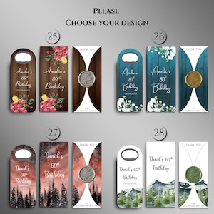 May include: Ten different designs for bottle stoppers. Each design features a different background and text. The text includes the name "Amelia", "Daniel", and the age and occasion of the event. The bottle stoppers are made of metal and have a wax seal.